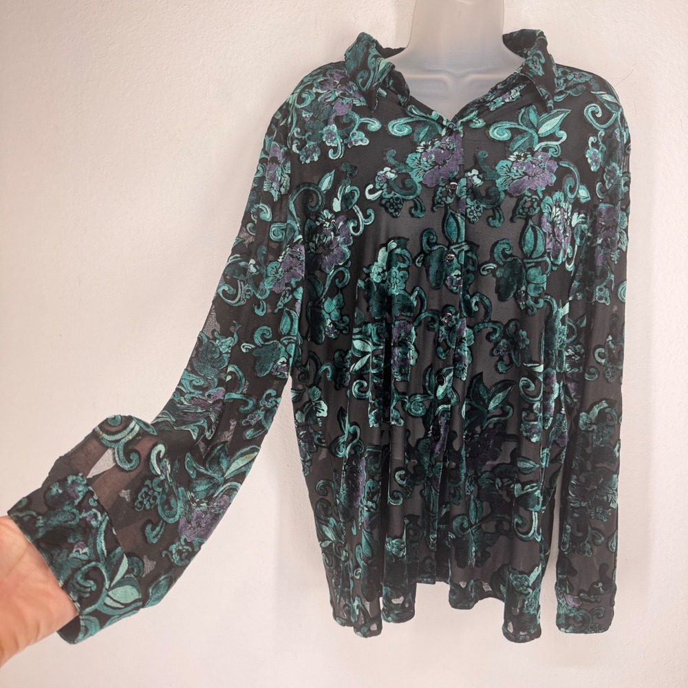 Women Dark Floral Burnout Velvet Sheer Blouse Top Size 18 Romantic Whimsigoth